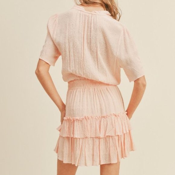 Boho Pink Swiss Dot Ruffle Tiered Tie Front Mini Dress - Picture 5 of 5